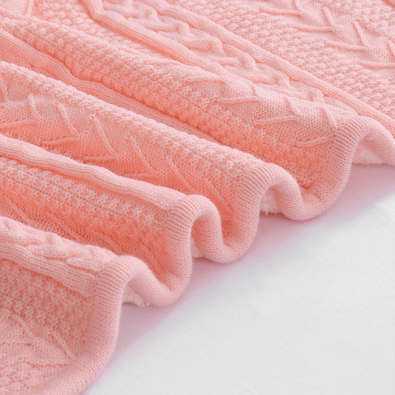 Longhui bedding Pink Acrylic Cable Knit Sherpa Throw Blanket - Thick  Soft  Big  Cozy Knitted Fleece Blankets for Couch  Sofa  Bed - 50"" x 63"" - Image 3
